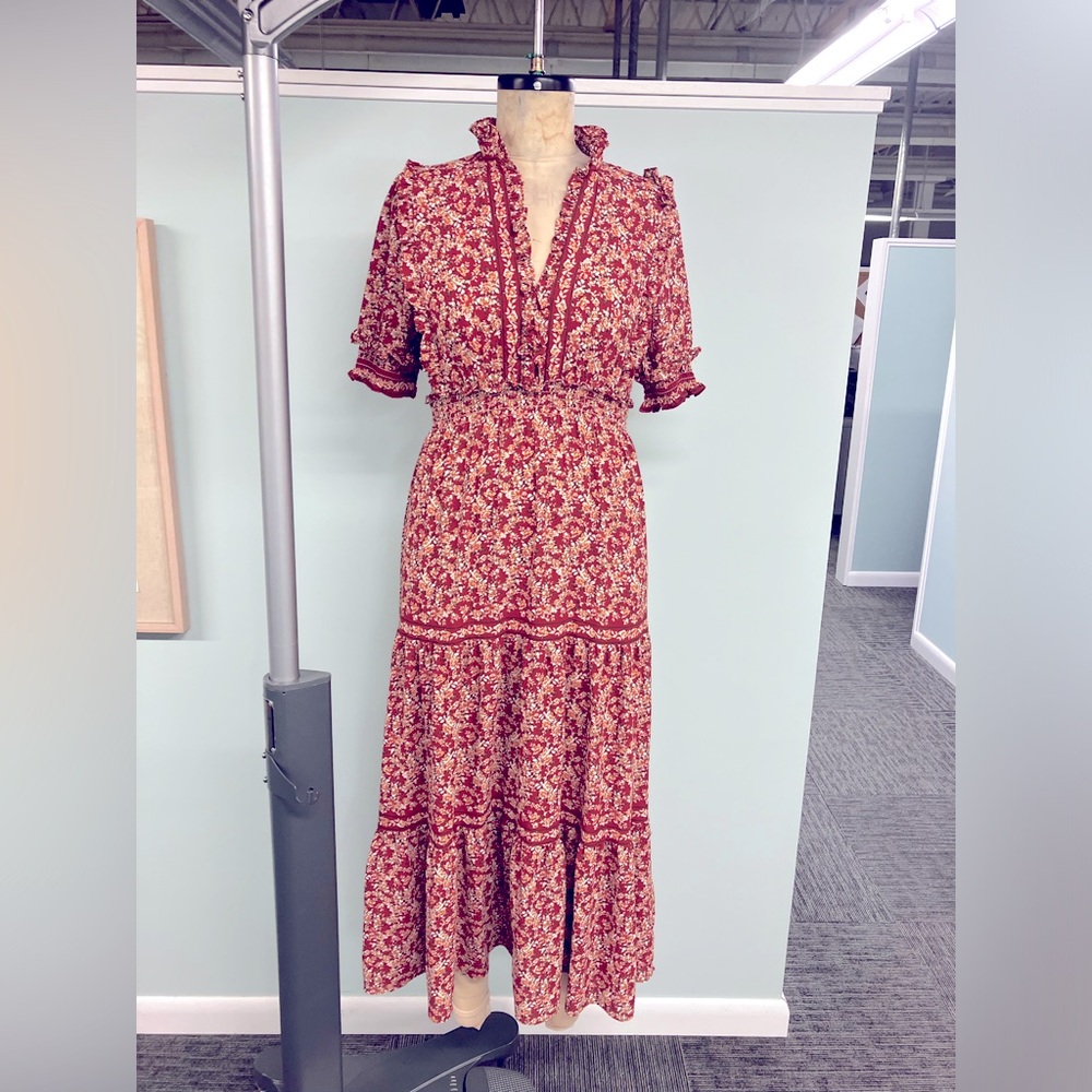 Brand New Rust Floral Ruffle Maxi Dress, Size Small but fits a Large